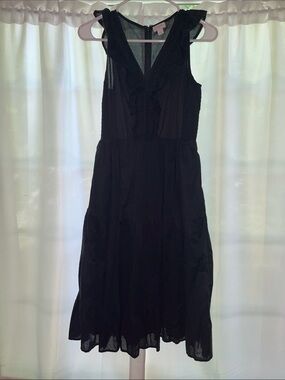 J. Crew Black Ruffle V-Neck Midi Dress